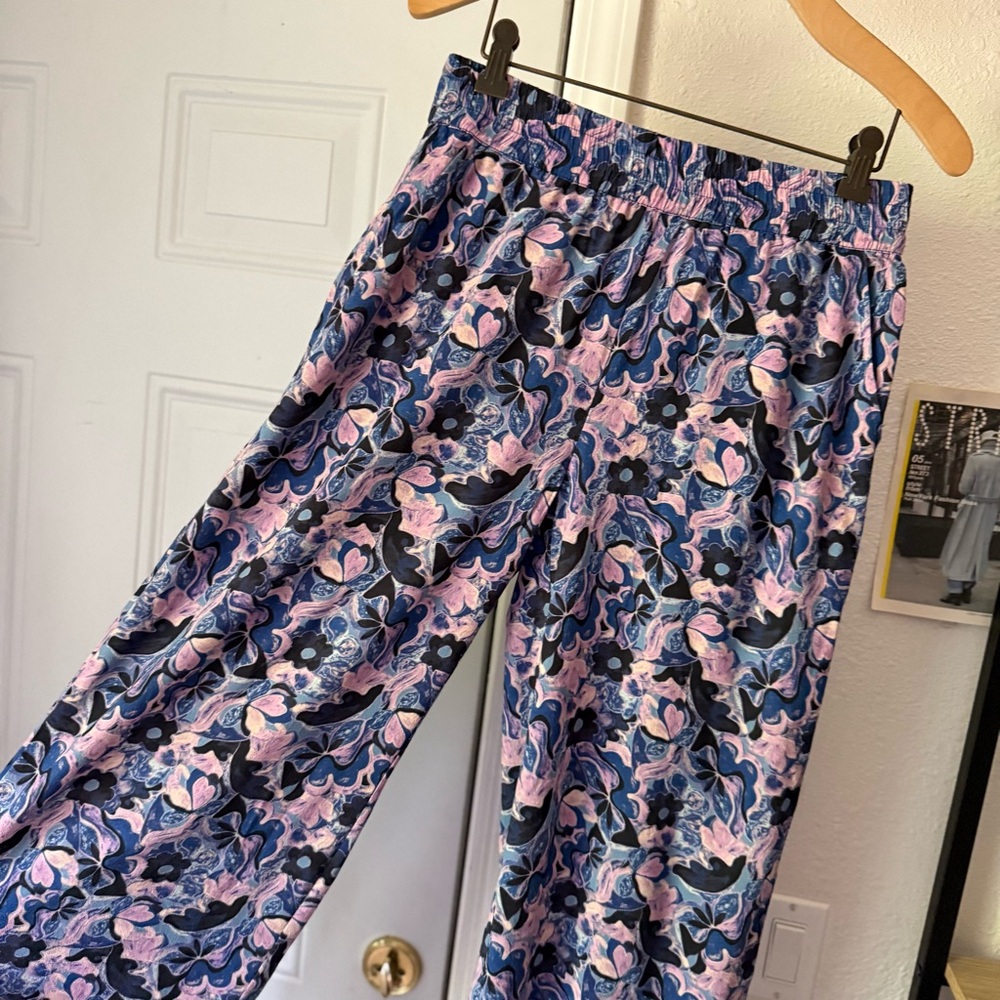 MARINE LAYER blue pink purple paint abstract floral tencel lyocell wide leg pant - Picture 3 of 7